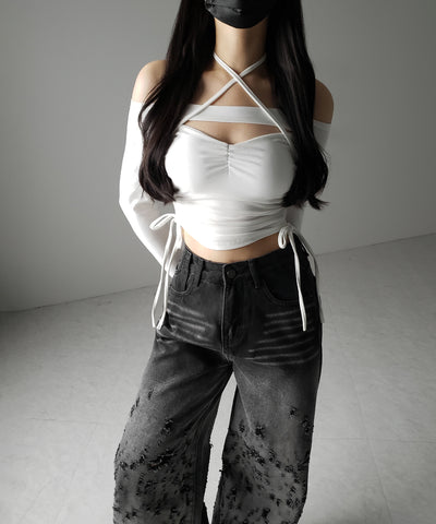 【 ２WAY 】クロスストラップリボンカットアウトオフショルトップス ／ cross strap ribbon cutout offshoulder tops