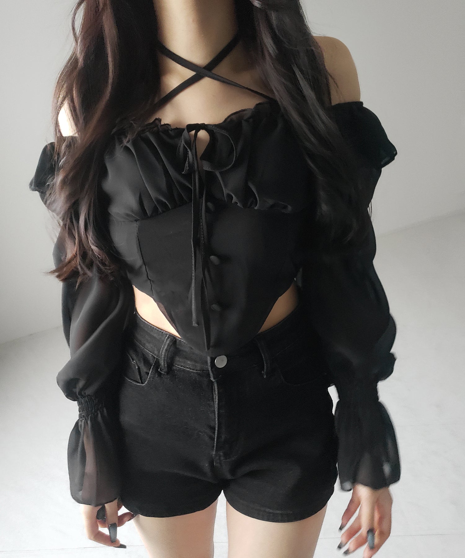 【 ２color ／ ２WAY 】フロントリボンクロスネックオフショルシフォンブラウス ／ front ribbon cross neck off-shoulder chiffon blouse