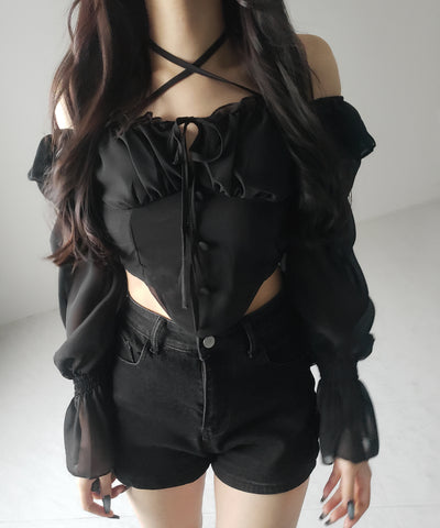 【 ２color ／ ２WAY 】フロントリボンクロスネックオフショルシフォンブラウス ／ front ribbon cross neck off-shoulder chiffon blouse