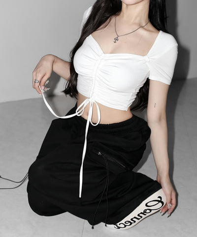 【クロスネックにできる2WAY 】フロントシャーリングリボン半袖ショートＴシャツ ／2WAY front shirring ribbon short sleeve short T-shirt