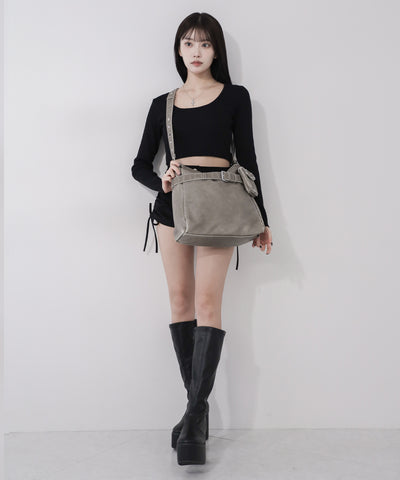 【 A4収納可 】ミニポーチ付きスタッズベルトヴィンテージフェイクレザーショルダーバッグ ／ mini poach SET studs belt vintage fake leather shoulder bag