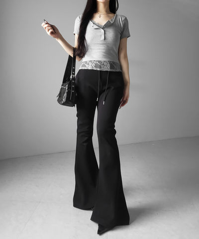 レースレイヤードヘンリーネックスクエア半袖Ｔシャツ ／ lace layered henley neck square short sleeve T-shirt