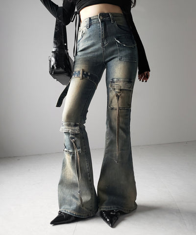【 ２color ／ ４size 】ベルテッドアウトポケットヴィンテージフレアデニム ／ belted out pocket vintage flare denim