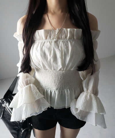 【 ２color ／ ２WAY 】ウエストシャーリングシアーフリルオフショルブラウス ／ waist shirring sheer frill off shoulder blouse