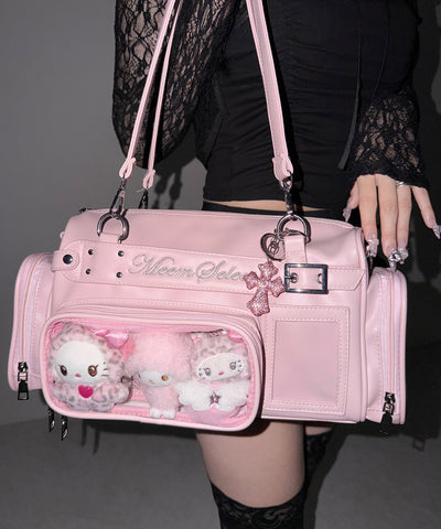 クリアポケット付きレタリング刺繍ショルダーバッグ ／ clear pocket lettering embroidery shoulder bag