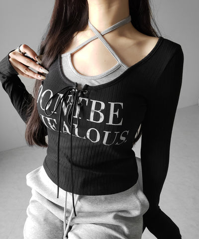 【 クロスネックにできる２WAY 】レースアップフェイクレイヤードロゴカットソートップス ／ laceup fake layered logo cutsew tops