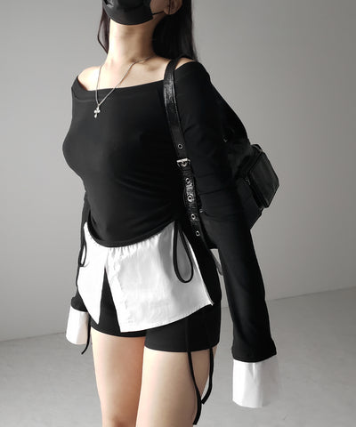 【 ２color ／ ２WAY 】シャツドッキングサイドリボンワンショルトップス ／shirt docking side ribbon oneshoulder tops