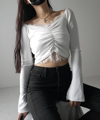 【 ２color 】レースドッキングシャーリングショートカットソートップス ／ lace docking shirring short cutsew tops