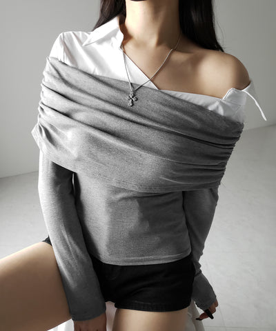 【 ２color 】シャツドッキングワイドオフショルトップス ／ shirt docking wide off shoulder tops