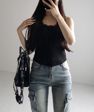 【 ２color 】スクエアネックレースニットタンクトップ ／square neck lace knit tank top