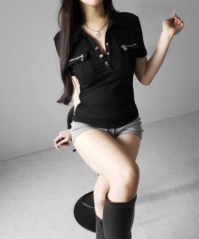アウトポケットポロネックリブカットソートップス ／ out pocket polo neck rib cutsew tops