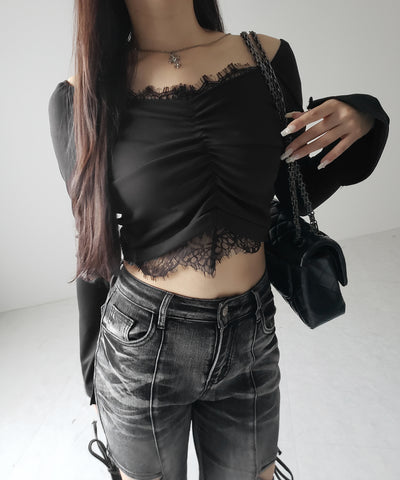【 ２color 】レースドッキングシャーリングショートカットソートップス ／ lace docking shirring short cutsew tops