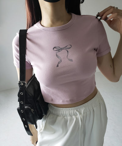 【 ４color 】ミニリボンショートちびＴシャツ ／mini ribbon short chibi Tee