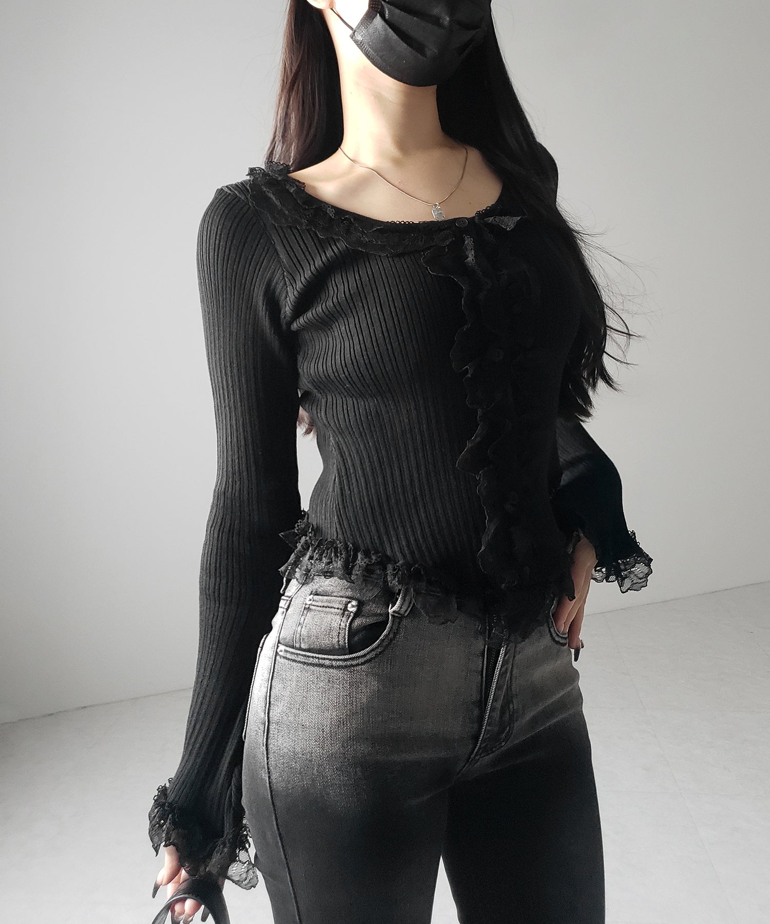【 ３color 】レースフリルドッキングリブニットカーディガン ／ lace frill docking rib knit cardigan
