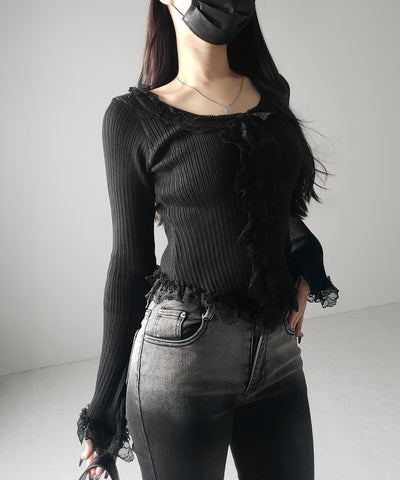 【 ３color 】レースフリルドッキングリブニットカーディガン ／ lace frill docking rib knit cardigan
