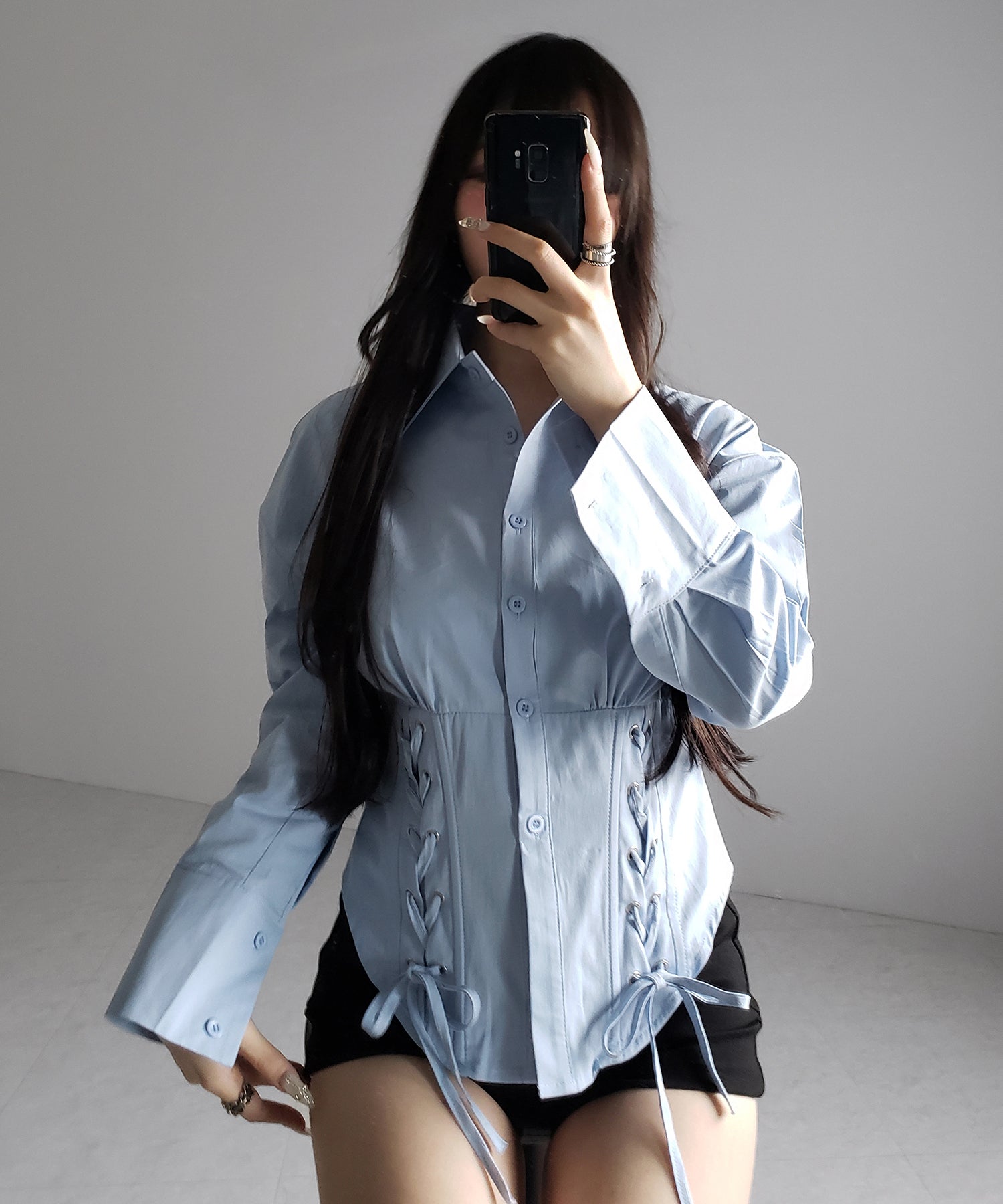 ダブルレースアップリボンシャツ ／ double lace up ribbon shirts