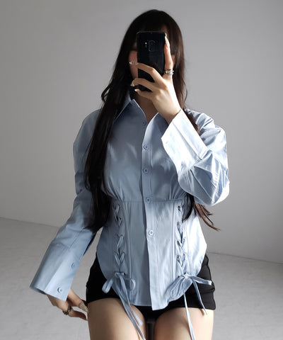 ダブルレースアップリボンシャツ ／ double lace up ribbon shirts