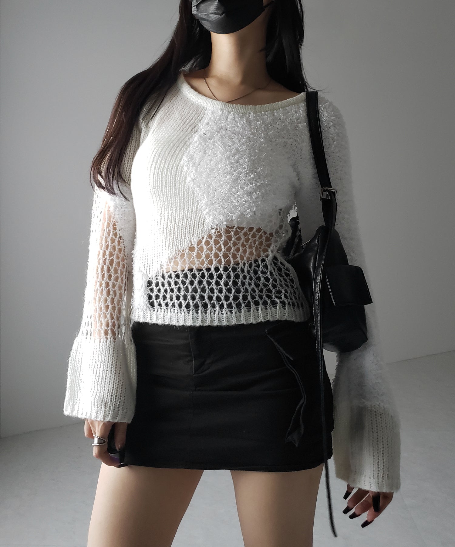 【 ２color 】異素材ドッキングスカシアミニットトップス ／ mixed material docking openwork knit tops