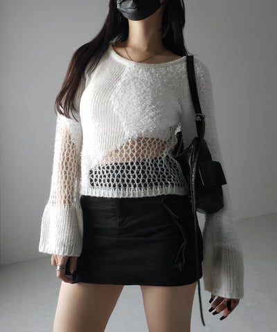 【 ２color 】異素材ドッキングスカシアミニットトップス ／ mixed material docking openwork knit tops