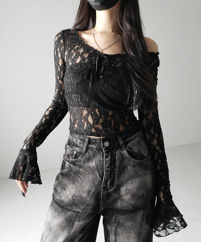 【 ２color ／２WAY 】フロントリボンオフショルスリムレーストップス ／ front ribbon off-shoulder slim lace tops