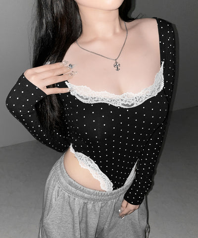 ドットカットアウトレースポイントボディスーツトップス ／dot cutout lace point bodysuit tops