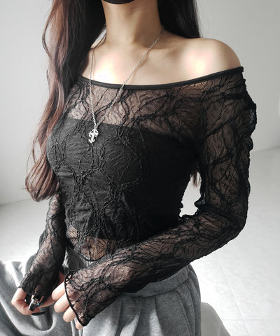 【 ２color ／２WAY 】ワンショルルーズシアーレーストップス ／ one shoulder loose sheer lace tops