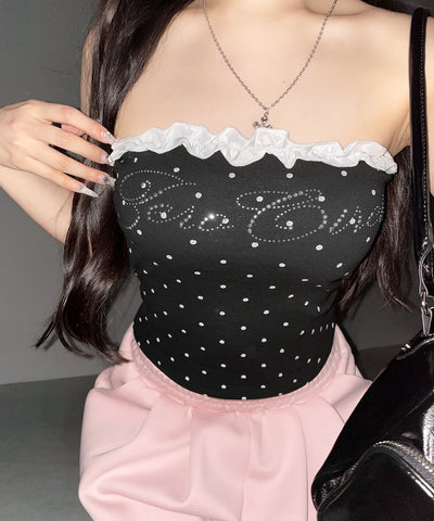 ラインストーンドットフリルベアトップス ／ Rhinestone dot frill bare tops