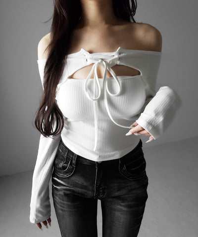 レースアップリボンカットアウトオフショルリブロンT ／ lace up ribbon cutout offshoulder ribbed long T-shirt