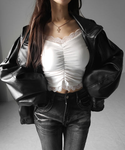 レースレイヤードギャザーオフショル長袖Ｔシャツ ／ lace layered gather off-shoulder long-sleeved T-shirts