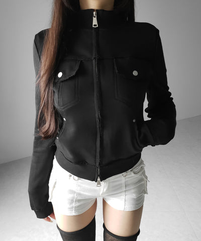 ダブルジップアウトポケット裏毛スリムジャケット ／ Double-zip outer pocket sweat slim jacket