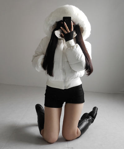 【 フード取り外し可能２ＷＡＹ 】フェイクファーフードショートダウンジャケット ／ 2WAY fake fur hoodie short down jacket