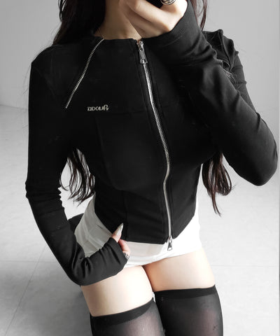 ダブルジップバイカースリムトップス ／ double zip biker slim tops