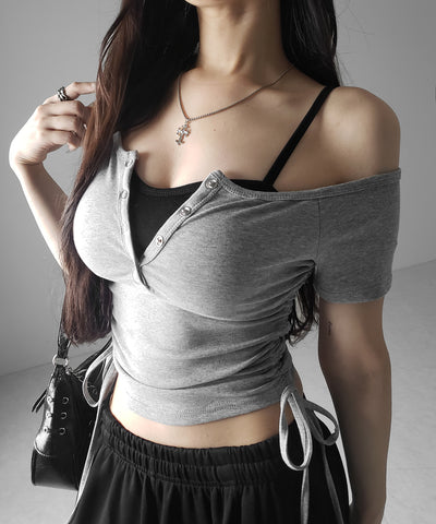 【 ２点セット 】ヘンリーネックサイドリボン半袖ぴちＴシャツ ／ Henley neck side ribbon short-sleeve pichi T-shirt