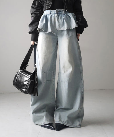 【 ２color ／ ４size 】フリルドッキングレイヤードヴィンテージワイドデニム ／ frll docking layered vintage wide denim
