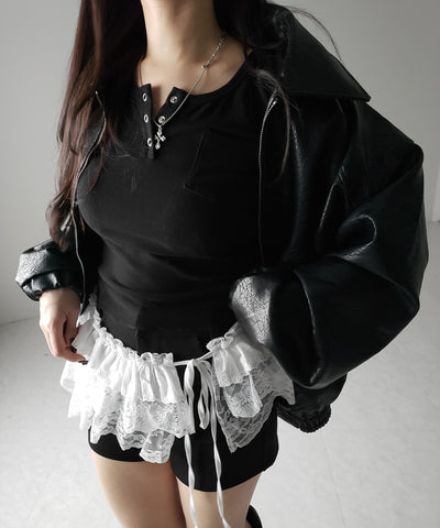 【 ２color 】ストラップリボンレースフリルミニ巻きスカート ／ strap ribbon lace frill mini wrap skirt