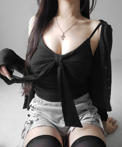 【 ２点セット 】リボンカットソーキャミソール ＋ カーディガンセット ／ribbon cutsew camisole + cardigan SET