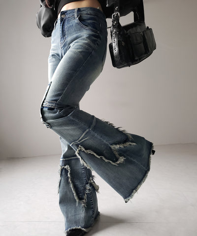 【 ２color ／ ４size 】クロスデザインヴィンテージライクフリンジストレッチフレアデニム ／ cross design vintage-like fringe stretch flare denim