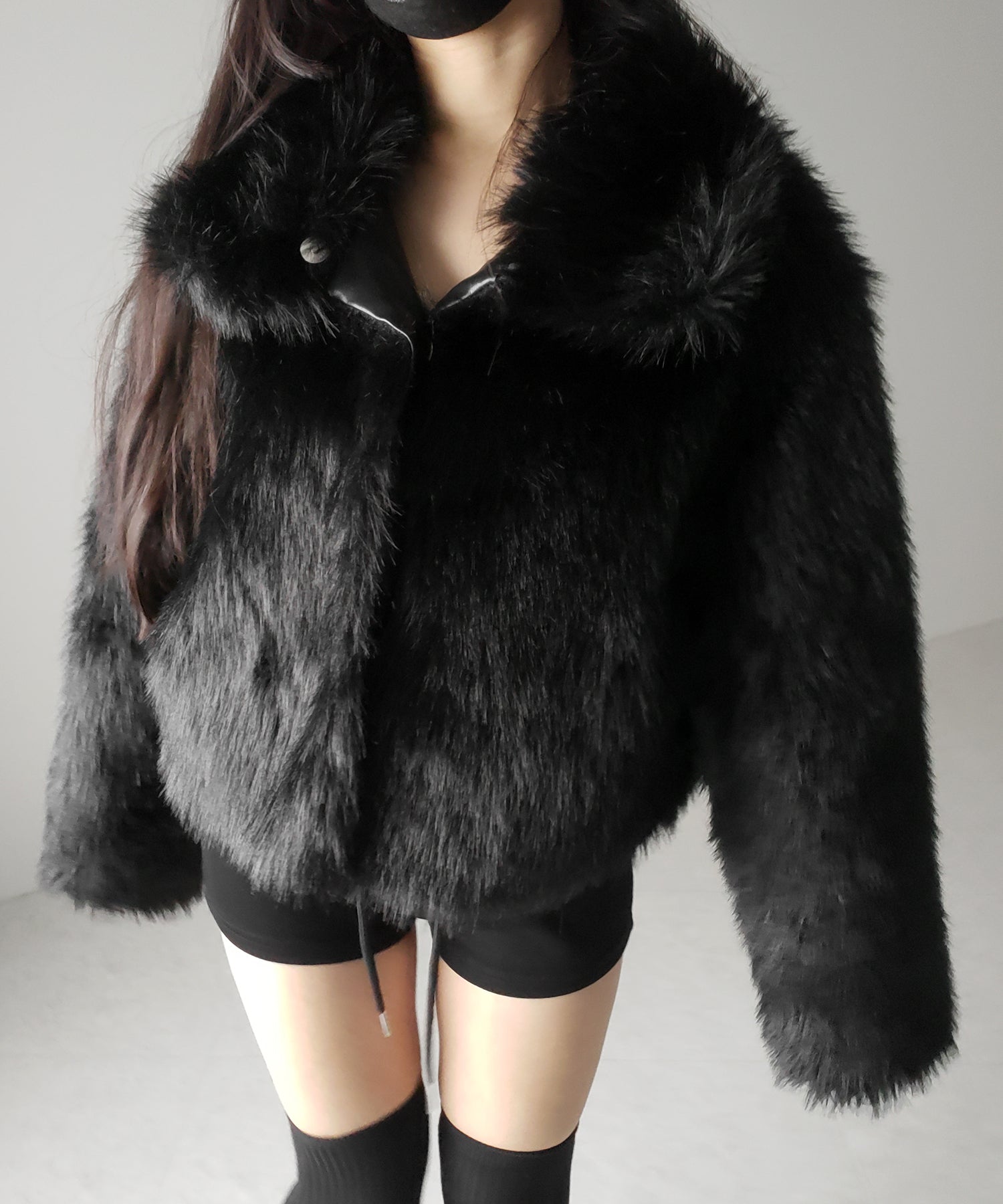 スタンドカラーミックスファーショートコート ／ stand-collar mix fur short coat