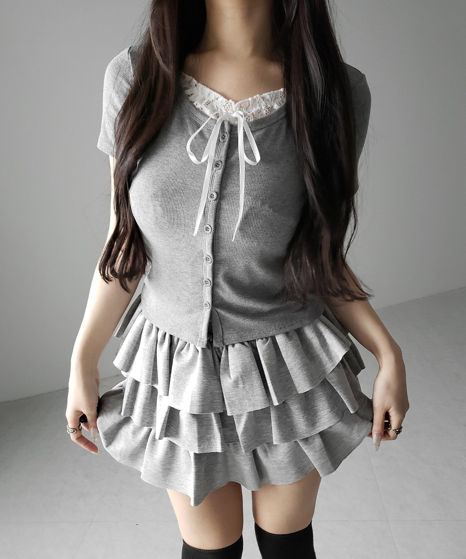 フロントリボンレースレイヤード半袖リブトップス ／front ribbon lace layered short sleeve rib tops