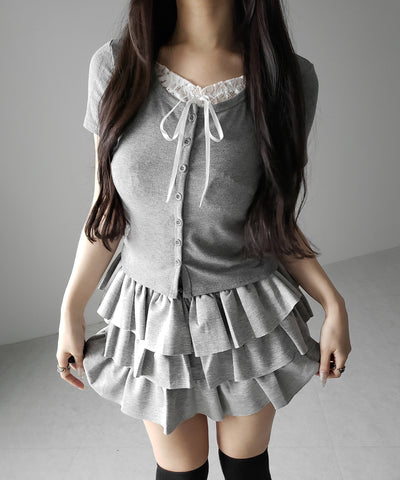 フロントリボンレースレイヤード半袖リブトップス ／front ribbon lace layered short sleeve rib tops