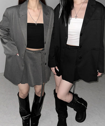 【 セットアップ 】オーバーサイズテーラードジャケット ＆ ハイウエストミニスカパン SET ／ oversize tailored jacket & high waist mini skirt pants SET