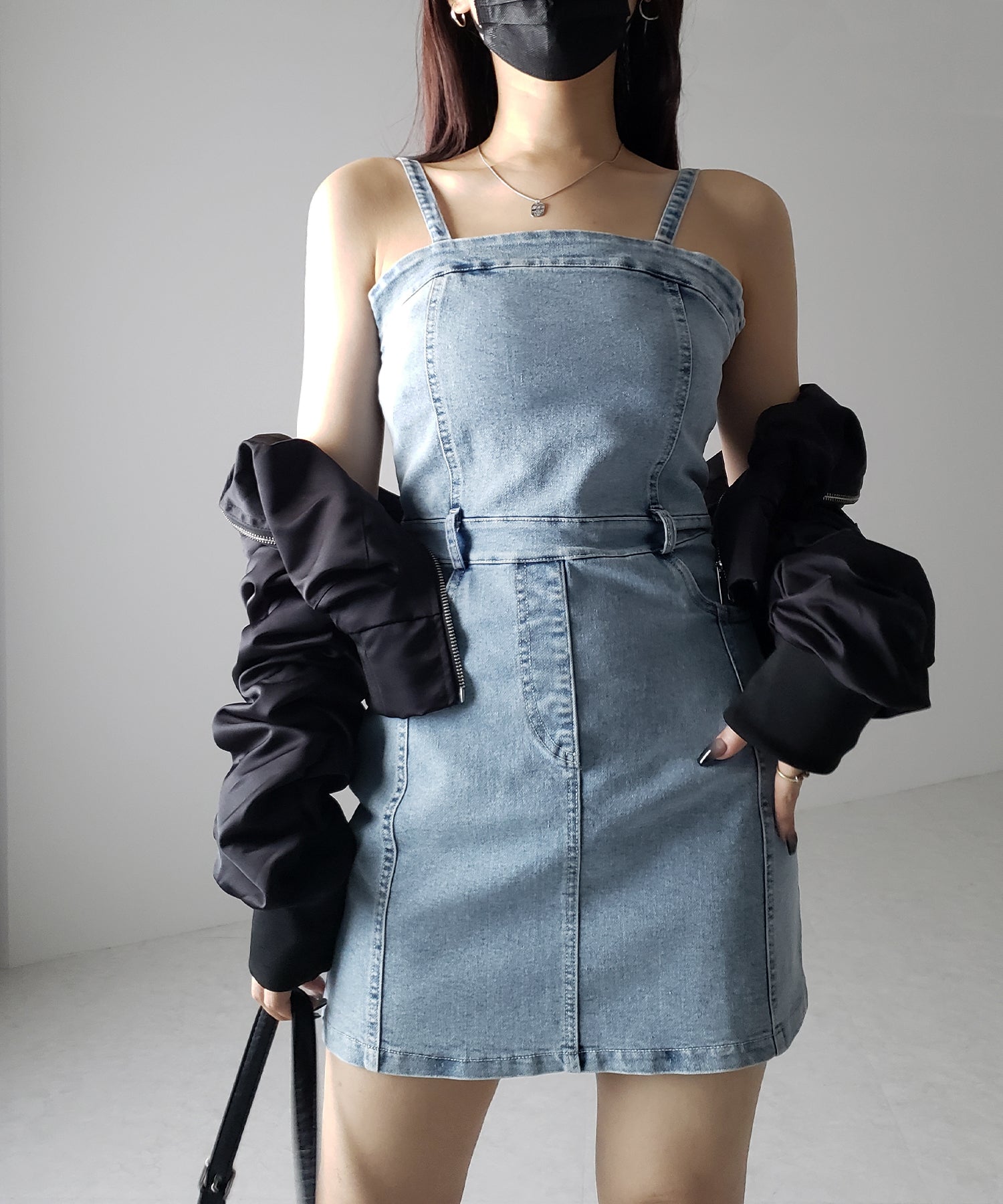 【 ２color 】ウォッシュデニムハイウエストミニキャミワンピース ／ wash denim high waist mini cami onepiece