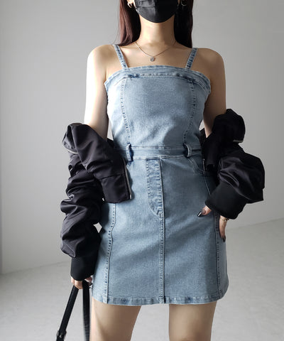【 ２color 】ウォッシュデニムハイウエストミニキャミワンピース ／ wash denim high waist mini cami onepiece