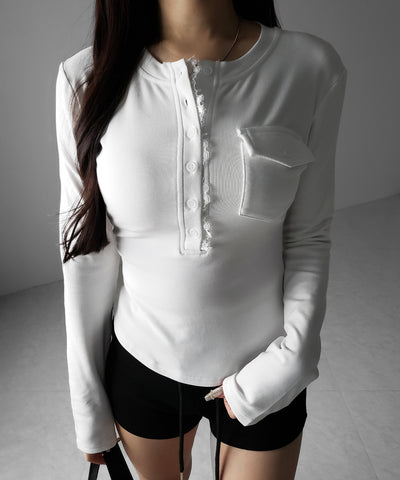 【 裏起毛 】レースドッキングヘンリーネックトップス ／ lace docking henley neck tops