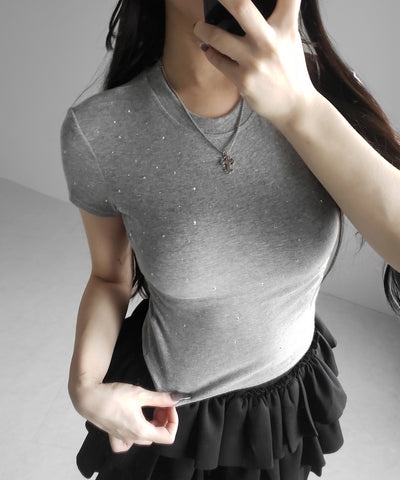 ラインストーン半袖タイトＴシャツ ／ Rhinestone short sleeve tight T-shirt