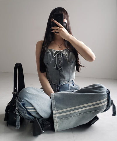 【 ２color 】レースアップリボンコルセットデニムビスチェ ／ lace up ribbon corset denim bustier