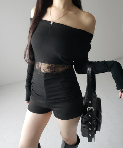 【 ２color 】ウエストレースカットアウトオフショルトップス ／ waist lace cutout offshoulder tops