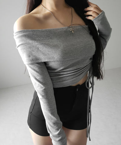 シャーリングリボンショートオフショルカットソートップス ／ shirring ribbon short off shoulder cutsew tops