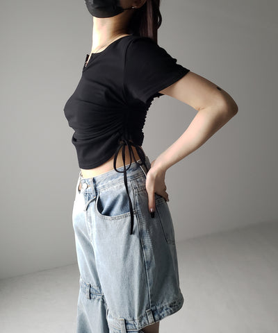 【 ２color 】サイドシャーリングリボン半袖ショートＴシャツ ／ side shirring ribbon short Tee