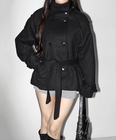 【 ウエストベルト付き 】スタンドネック ダブルブレスト ウールライクメルトンピーコート ／ Stand neck double-breasted wool-like melton pea coat